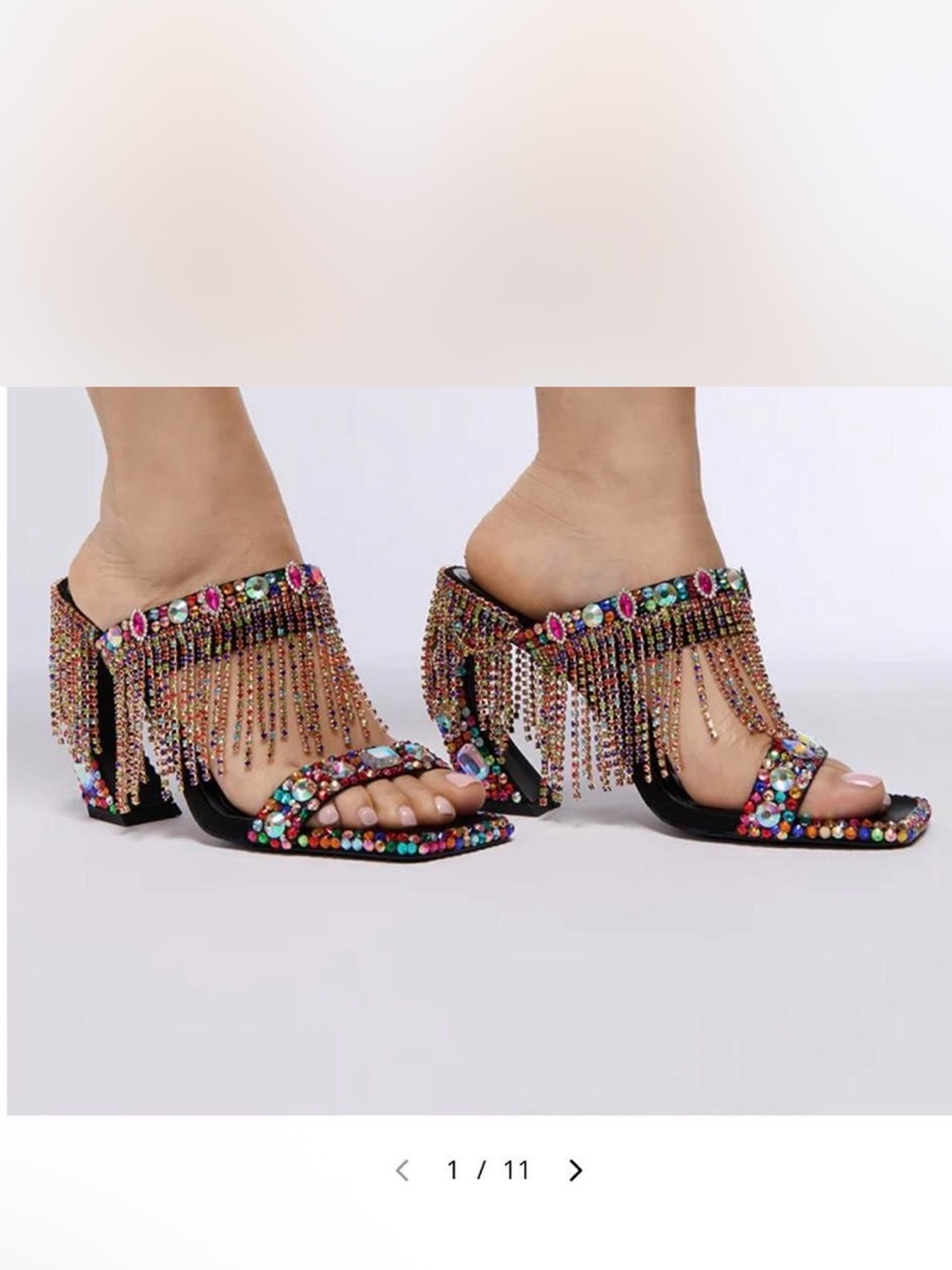 Multicolor Crystal Fringe Block Heel Sandals